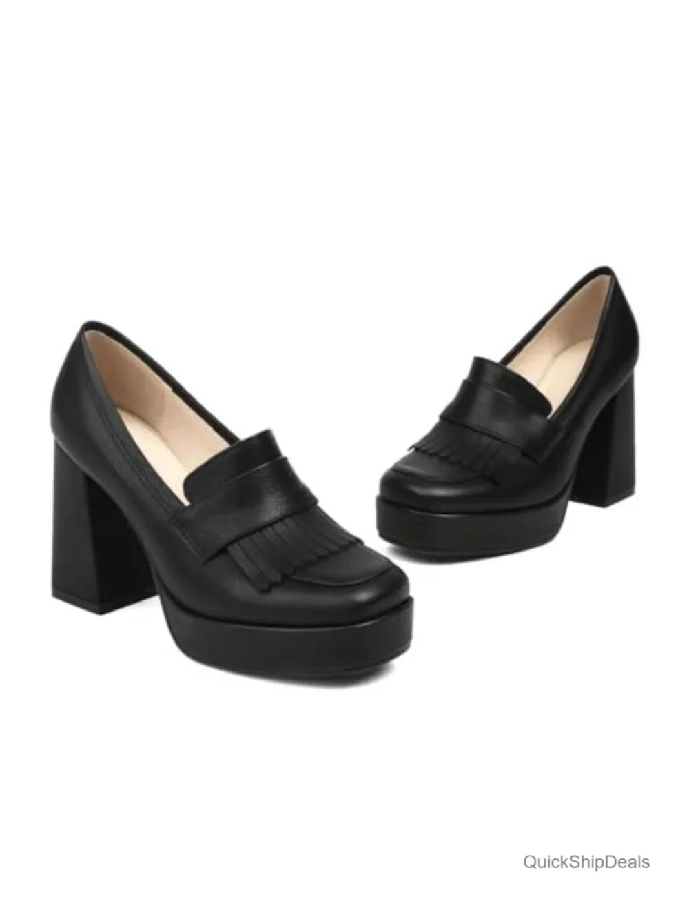 Women's PU Platform Heeled Loafers Tassel Square Toe Slip On Chunky Block Heel